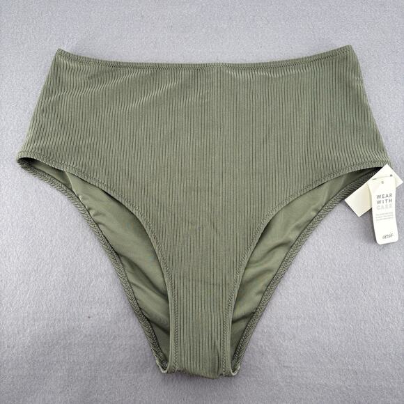 Aerie High Waisted Cheeky Cut Ribbed Green Sage Bikini Bottoms Size Large - Picture 1 of 7